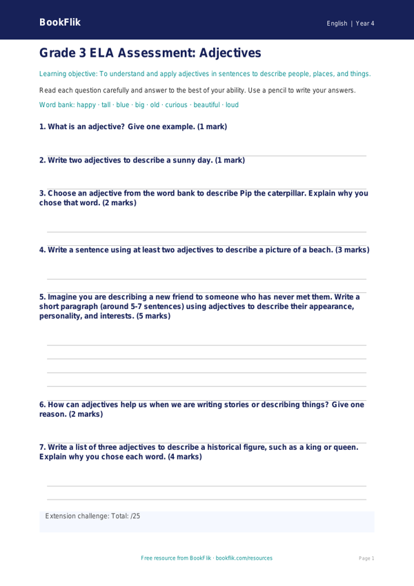 Free Adjectives Assessment Grade 3 ELA BookFlik worksheet preview — English Adjectives