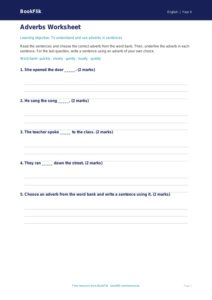 Free Adverbs Worksheet | Grade 3 | ELA | BookFlik