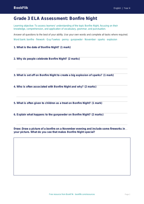 Free Bonfire Night Reading Comprehension | Grade 3 ELA | BookFlik worksheet preview — English Bonfire Night