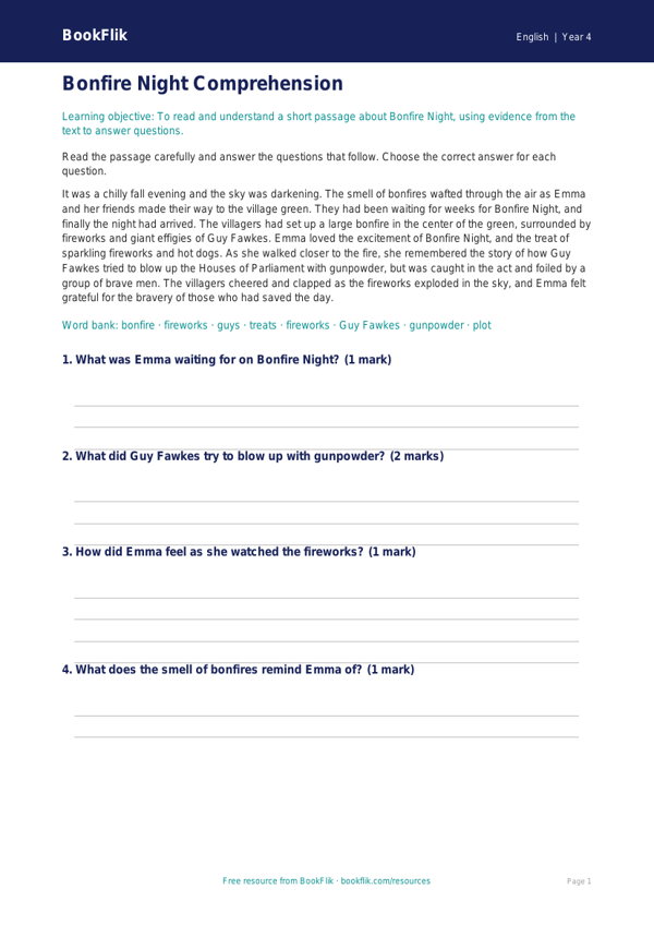 ELA bonfire night comprehension grade 3 core worksheet preview — English Bonfire Night