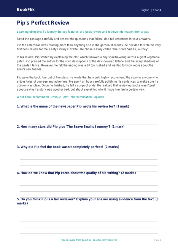 ELA book review comprehension grade 3 core worksheet preview — English Book Review