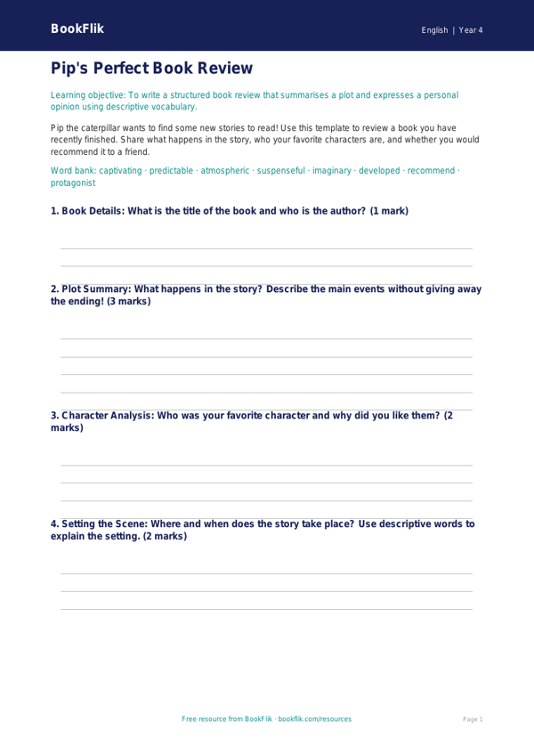 ELA book review template grade 3 core worksheet preview — English Book Review