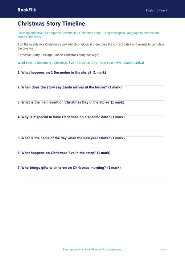 Free Christmas Story Activity Sheet | Grade 3 | ELA | BookFlik worksheet preview — English Christmas Story