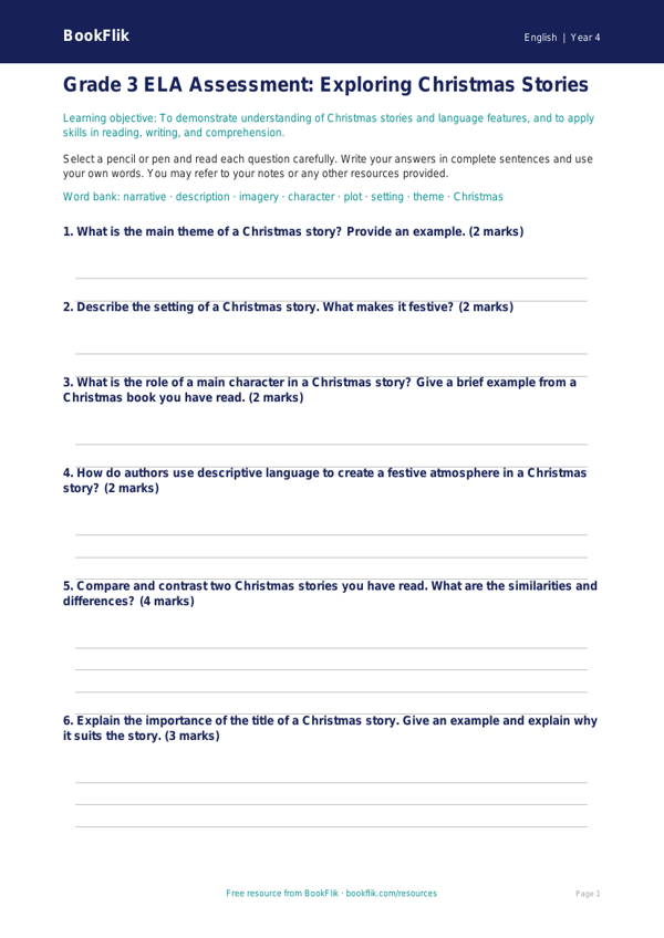 Free Christmas Story Assessment | Grade 3 | ELA | BookFlik worksheet preview — English Christmas Story