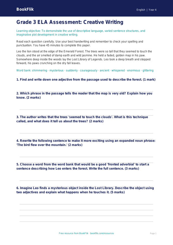 Free Grade 3 Creative Writing Assessment | BookFlik ELA Resources worksheet preview — English Creative Writing