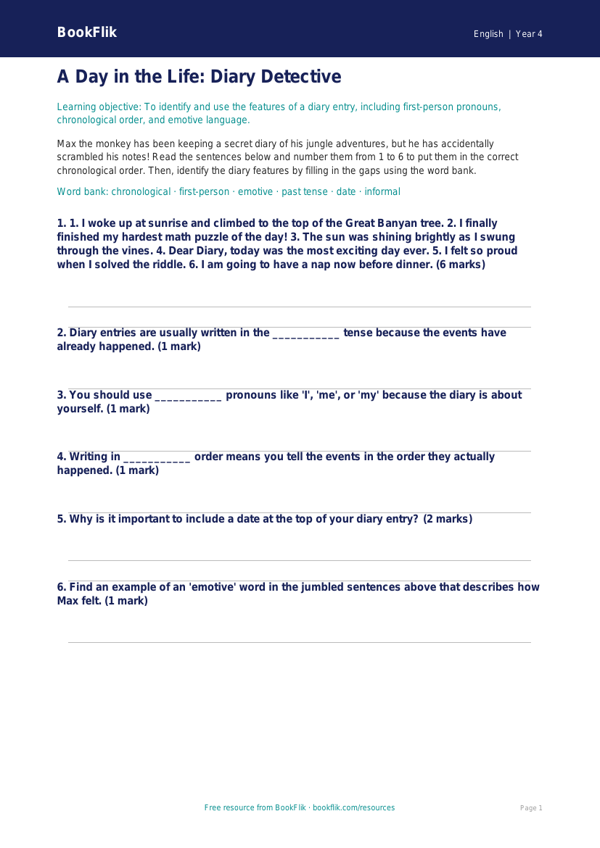 ELA diary writing activity sheet grade 3 core worksheet preview — English Diary Writing