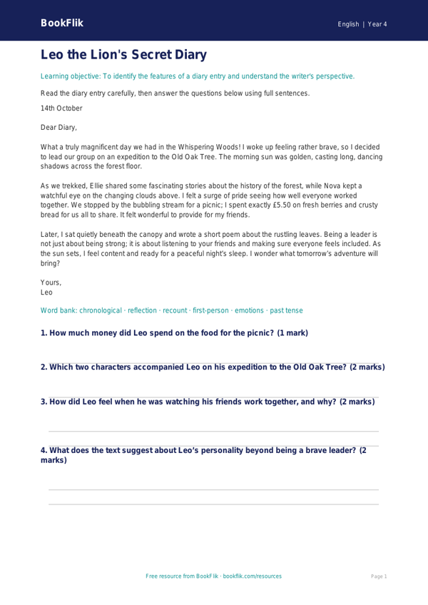 Free Diary Writing Comprehension | Grade 3 | ELA | BookFlik worksheet preview — English Diary Writing