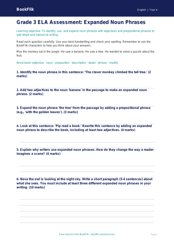 Free Expanded Noun Phrases Assessment | Grade 3 | ELA | BookFlik worksheet preview — English Expanded Noun Phrases