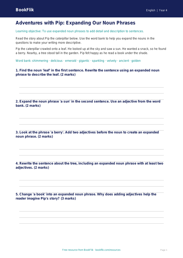 Free Expanded Noun Phrases Track Sheet | Grade 3 | ELA | BookFlik worksheet preview — English Expanded Noun Phrases