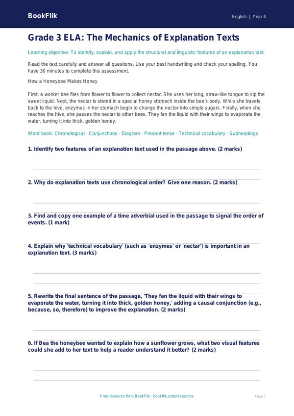 Free Explanation Texts Assessment | Grade 3 | ELA | BookFlik worksheet preview — English Explanation Texts