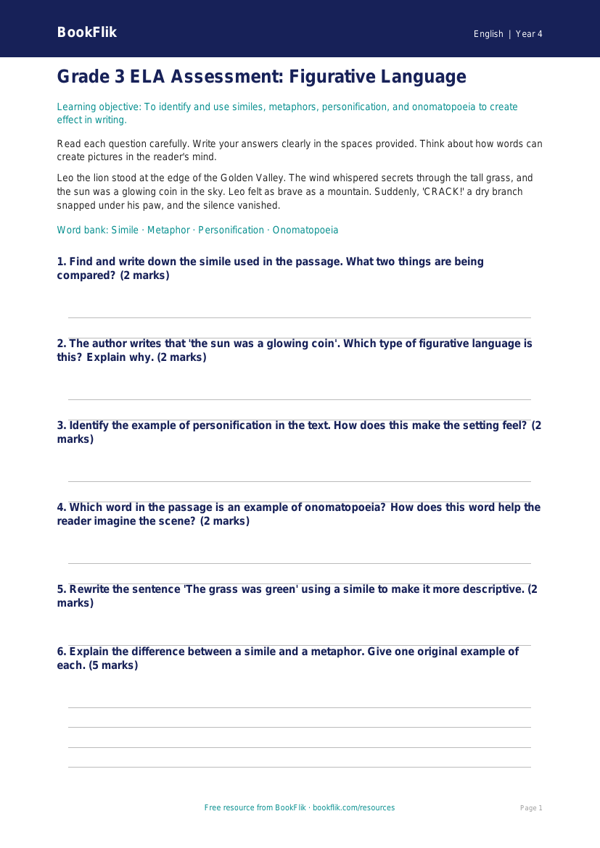 Free Figurative Language Assessment | Grade 3 | ELA | BookFlik worksheet preview — English Figurative Language