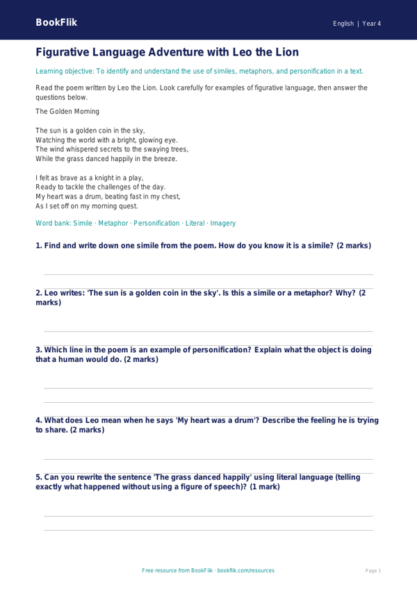 Free Figurative Language Track Sheet | Grade 3 | ELA | BookFlik worksheet preview — English Figurative Language