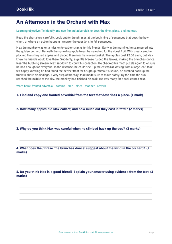 Free Fronted Adverbials Comprehension | Grade 3 | ELA | BookFlik worksheet preview — English Fronted Adverbials