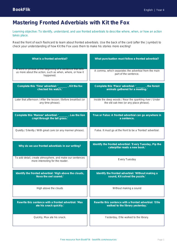 ELA fronted adverbials flashcards grade 3 core worksheet preview — English Fronted Adverbials
