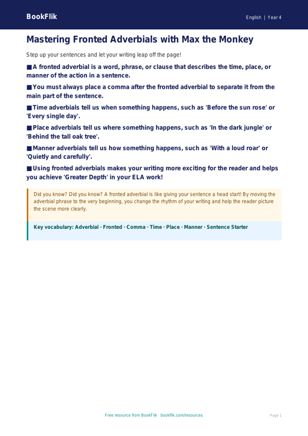 Free Fronted Adverbials Poster | Grade 3 | ELA | BookFlik worksheet preview — English Fronted Adverbials