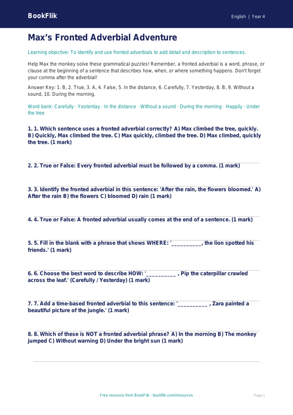 Free Fronted Adverbials Quiz | Grade 3 | ELA | BookFlik worksheet preview — English Fronted Adverbials