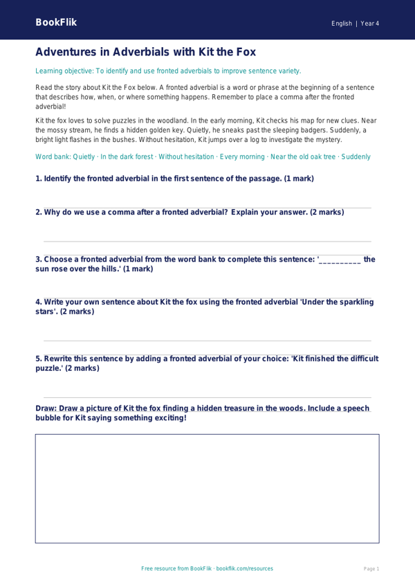 Free Fronted Adverbials Track Sheet | Grade 3 | ELA | BookFlik worksheet preview — English Fronted Adverbials