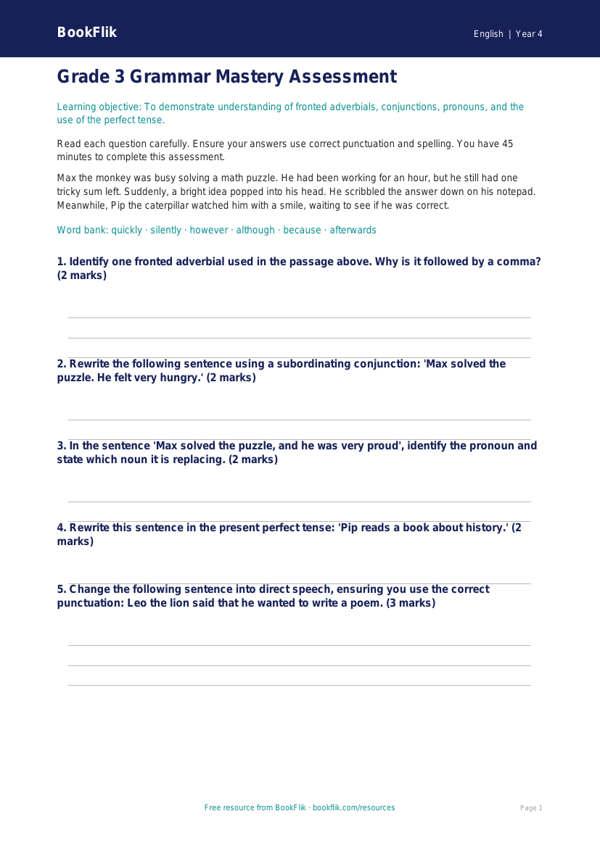 Free Grammar Assessment for Grade 3 Students | BookFlik ELA worksheet preview — English Grammar