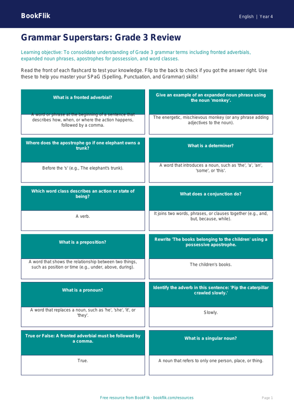 Free Grammar Flashcards | Grade 3 | ELA | BookFlik worksheet preview — English Grammar