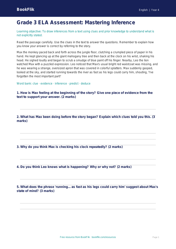 Free Inference Assessment | Grade 3 | ELA | BookFlik worksheet preview — English Inference