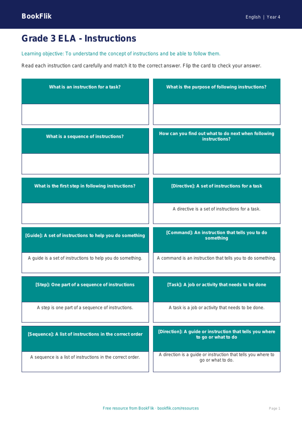 Free Instructions Flashcards | Grade 3 | ELA | BookFlik worksheet preview — English Instructions