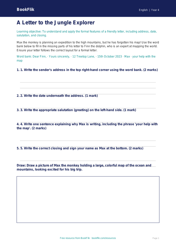 Free Letter Writing Activity Sheet | Grade 3 | ELA | BookFlik worksheet preview — English Letter Writing