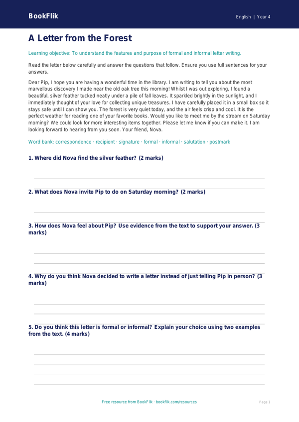 Free Letter Writing Comprehension | Grade 3 | ELA | BookFlik worksheet preview — English Letter Writing
