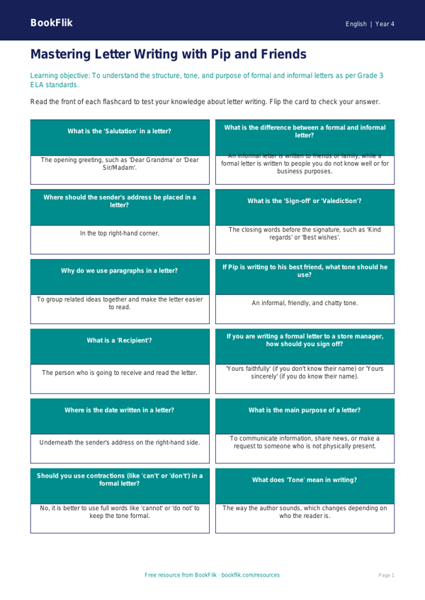 ELA letter writing flashcards grade 3 core worksheet preview — English Letter Writing