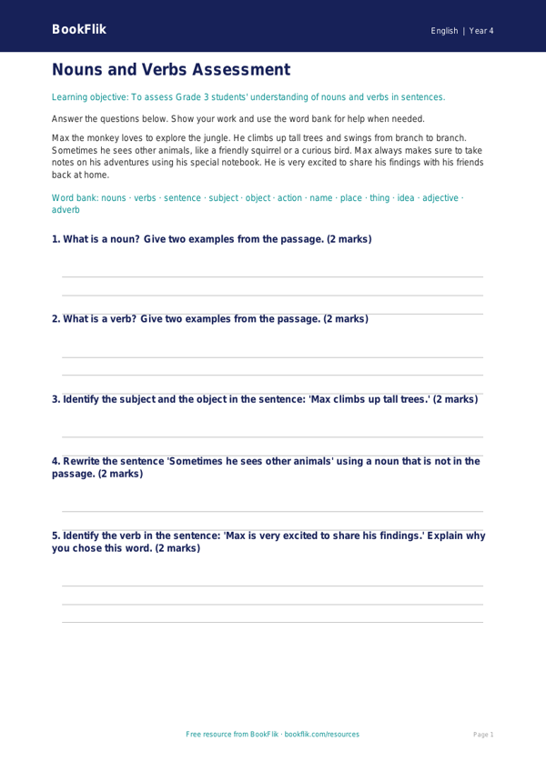 Free Nouns And Verbs Assessment | Grade 3 | ELA | BookFlik worksheet preview — English Nouns And Verbs