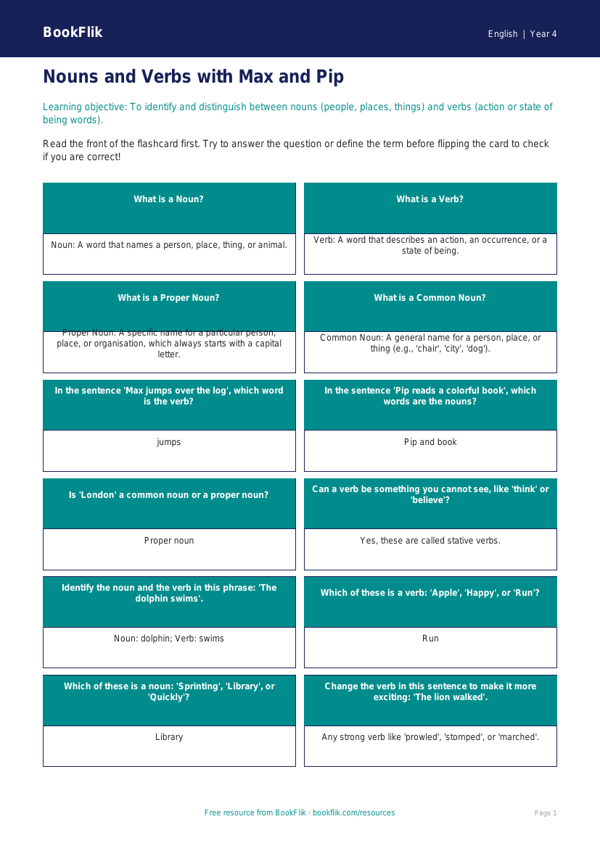 Free Nouns and Verbs Flashcards | Grade 3 | ELA | BookFlik worksheet preview — English Nouns And Verbs