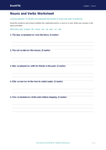 Free Nouns and Verbs Worksheet | Grade 3 | ELA | BookFlik