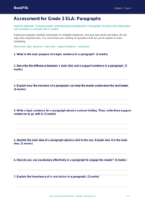 Free Paragraphs Assessment | Grade 3 | ELA | BookFlik