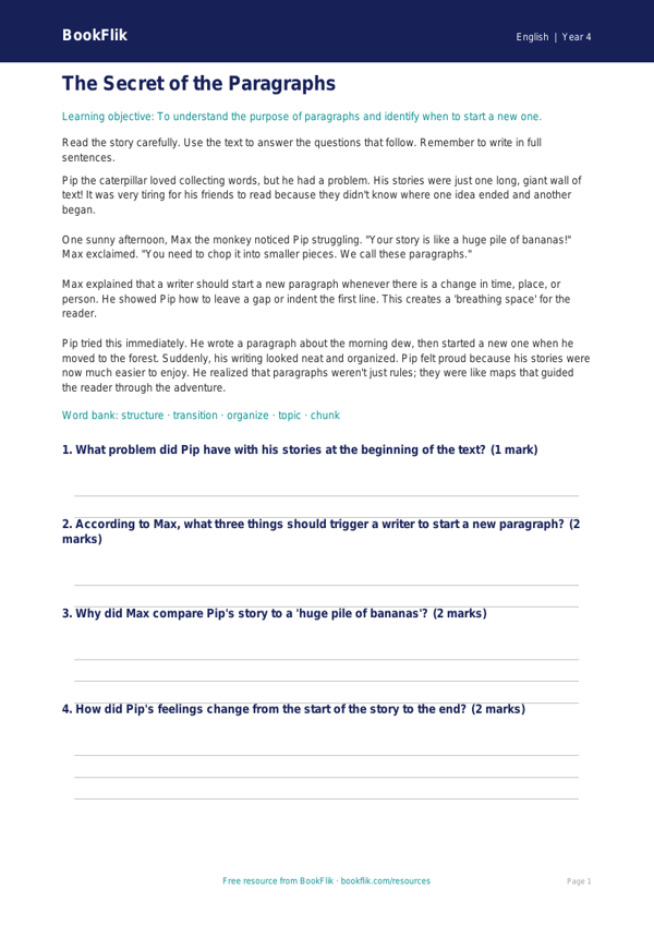 Free Paragraphs Comprehension | Grade 3 | ELA | BookFlik worksheet preview — English Paragraphs