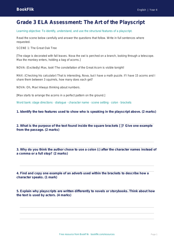 ELA playscripts assessment grade 3 core worksheet preview — English Playscripts