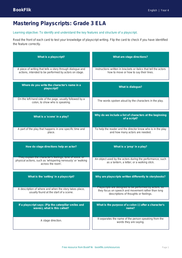 ELA playscripts flashcards grade 3 core worksheet preview — English Playscripts
