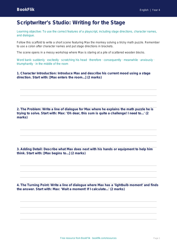 Free Playscripts Writing Frame | Grade 3 | ELA | BookFlik worksheet preview — English Playscripts