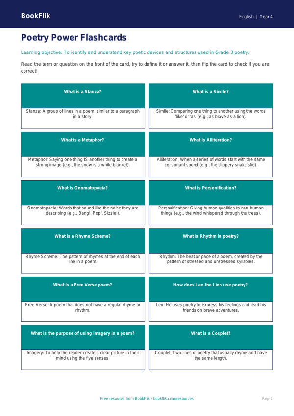 Free Poetry Flashcards | Grade 3 | ELA | BookFlik worksheet preview — English Poetry