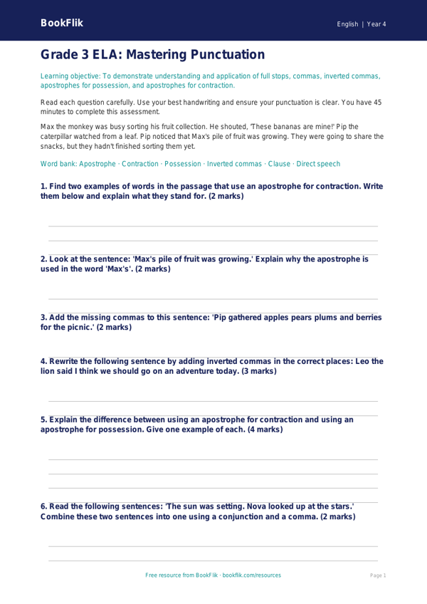 Free Punctuation Assessment for Grade 3 ELA | BookFlik worksheet preview — English Punctuation