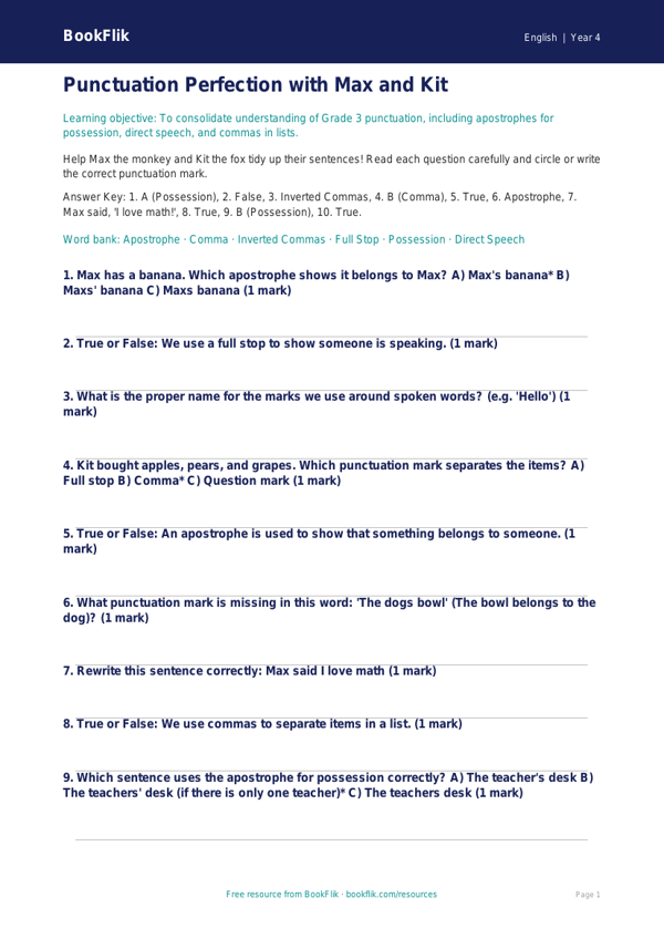 Free Punctuation Quiz | Grade 3 | ELA | BookFlik worksheet preview — English Punctuation
