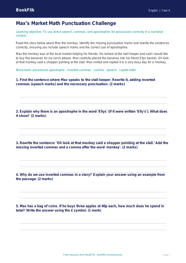 Free Punctuation Track Sheet | Grade 3 | ELA | BookFlik worksheet preview — English Punctuation