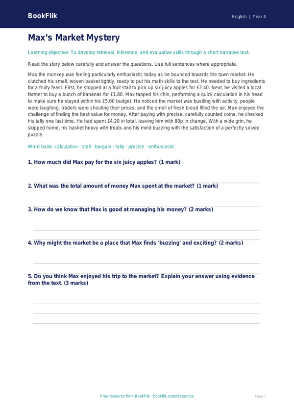 Free Reading Comprehension Practice for Grade 3 | BookFlik worksheet preview — English Reading Comprehension