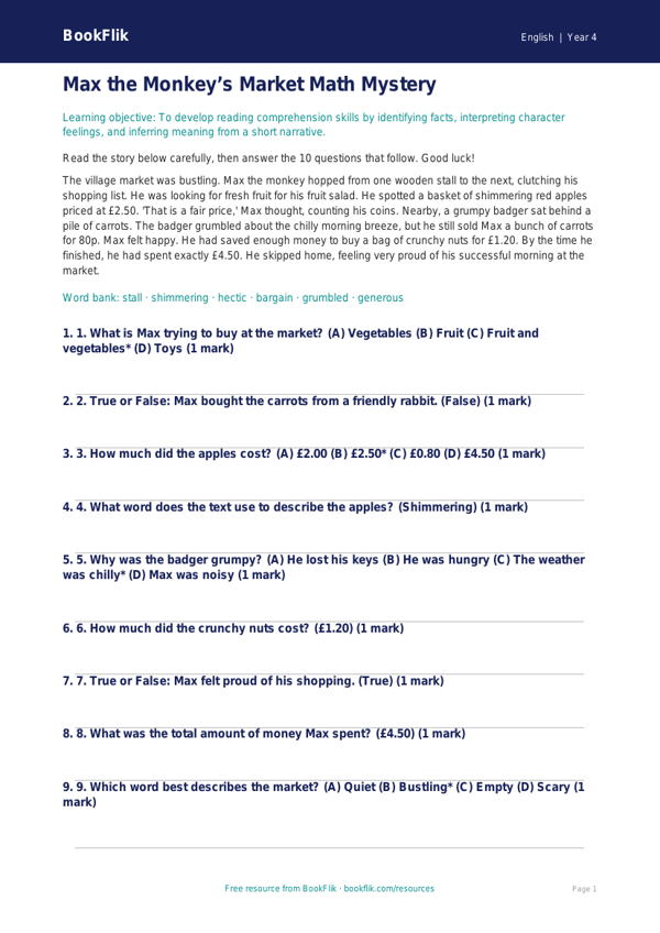 Free Reading Comprehension Quiz for Grade 3 Students | BookFlik ELA worksheet preview — English Reading Comprehension