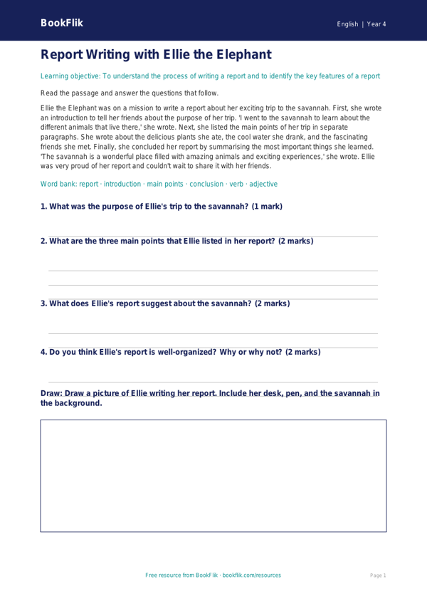 Free Report Writing Comprehension | Grade 3 | ELA | BookFlik worksheet preview — English Report Writing
