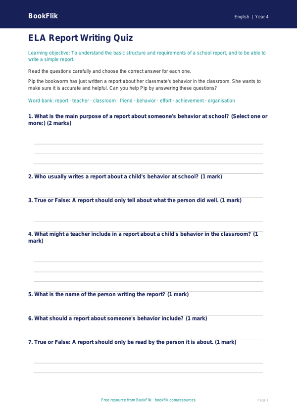 ELA report writing quiz grade 3 core worksheet preview — English Report Writing