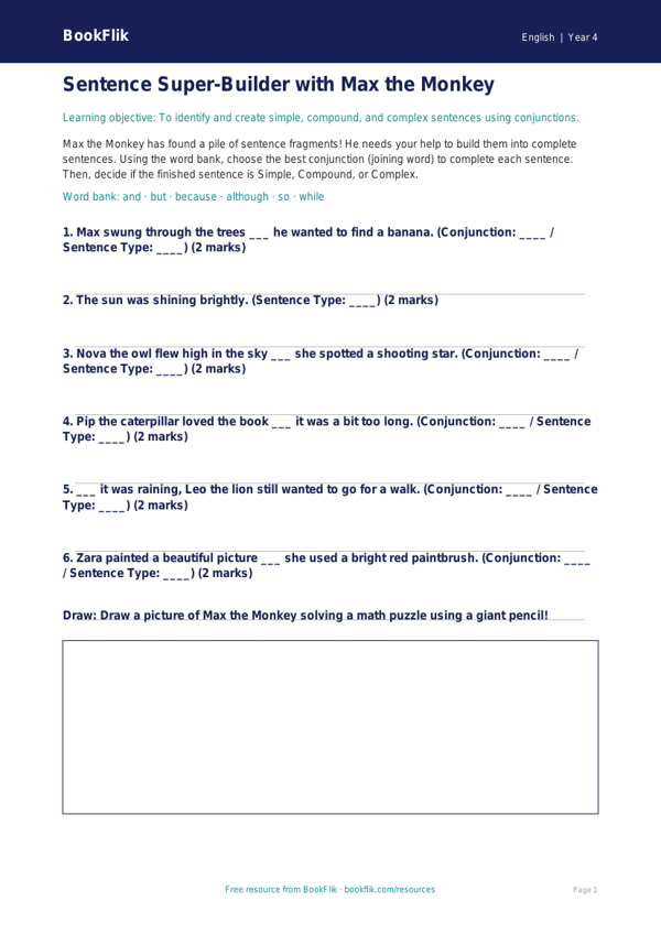 Free Sentence Structure Activity Sheet | Grade 3 | ELA | BookFlik worksheet preview — English Sentence Structure