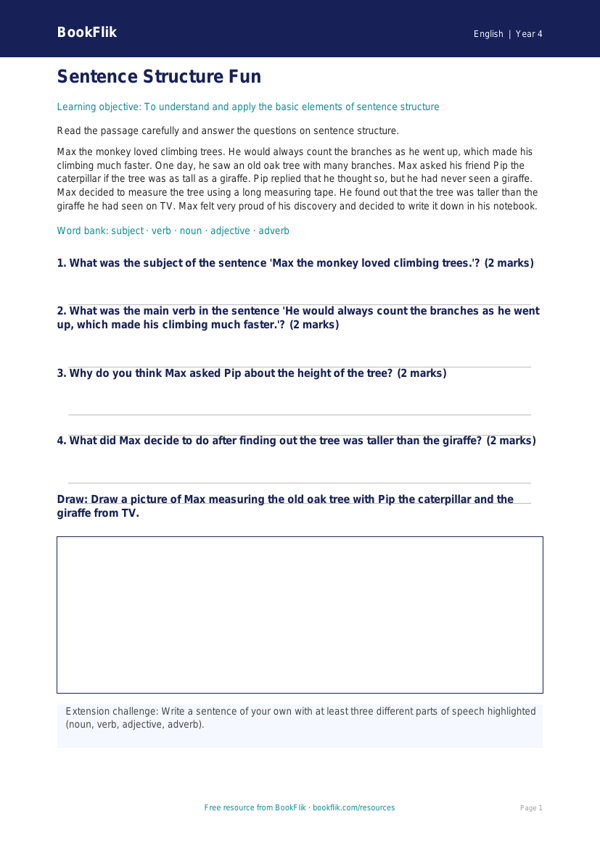 Free Sentence Structure Comprehension | Grade 3 | ELA | BookFlik worksheet preview — English Sentence Structure