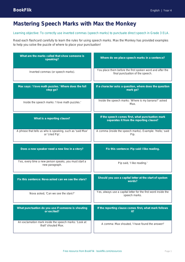 ELA speech marks flashcards grade 3 core worksheet preview — English Speech Marks
