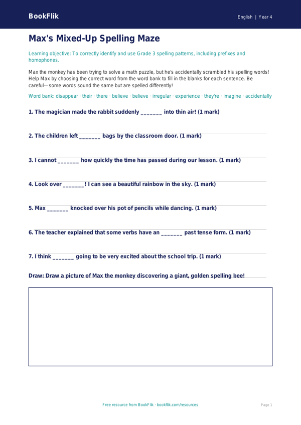 Free Spelling Activity Sheet | Grade 3 | ELA | BookFlik worksheet preview — English Spelling
