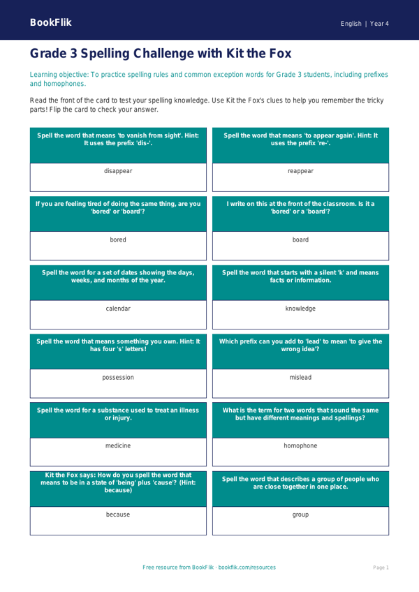 ELA spelling flashcards grade 3 core worksheet preview — English Spelling