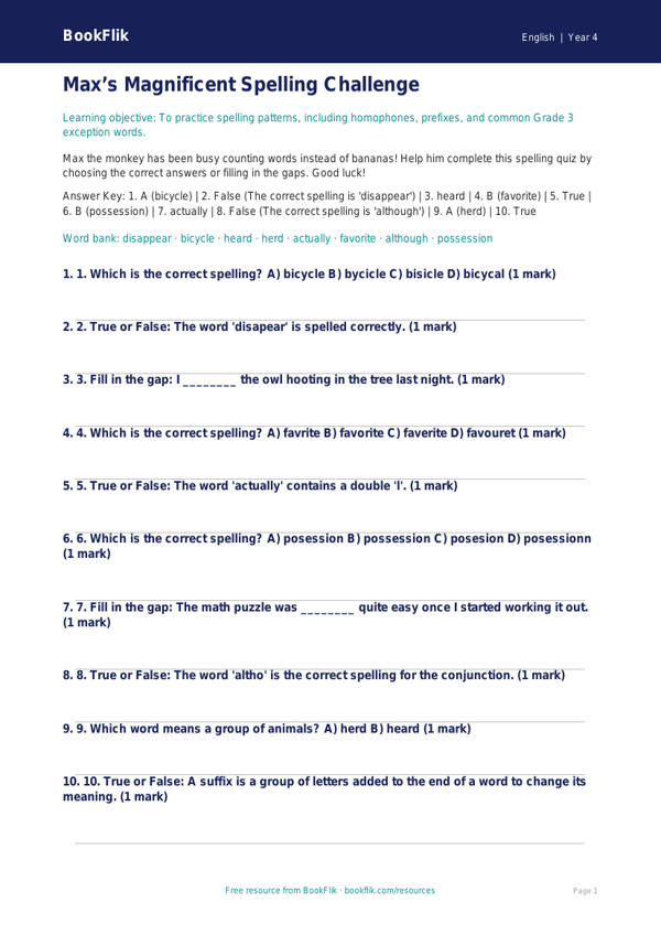 ELA spelling quiz grade 3 core worksheet preview — English Spelling